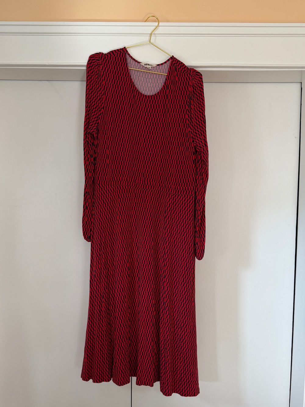 Boden Red Patterned Long Sleeve Midi Dress